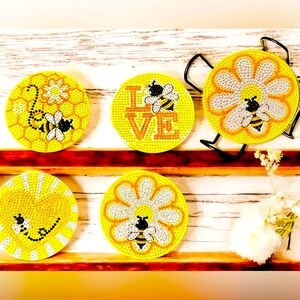 Bee Themed Coaster Set of 4 w/Holder Hand Crafted & Sealed Diamond Art 4”